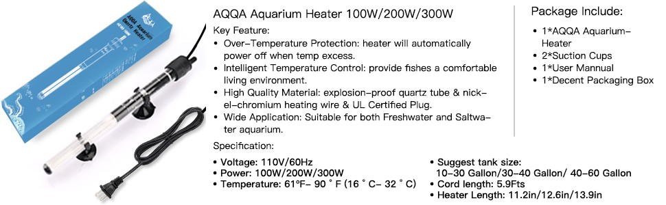  AQQA Aquarium Heater 300W for 80-95 Gallon Fish Tank Heater  Aquarium Submersible Heater Betta Fish Heater Aquarium Thermostat Heater  for Freshwater Saltwater Fish Tanks (300W for 80-95 Gal) : Pet Supplies