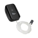 A black rechargeable aquarium air pump with a white tube.