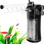 A black 3-in-1 aquarium filter filters water in fish tanks.