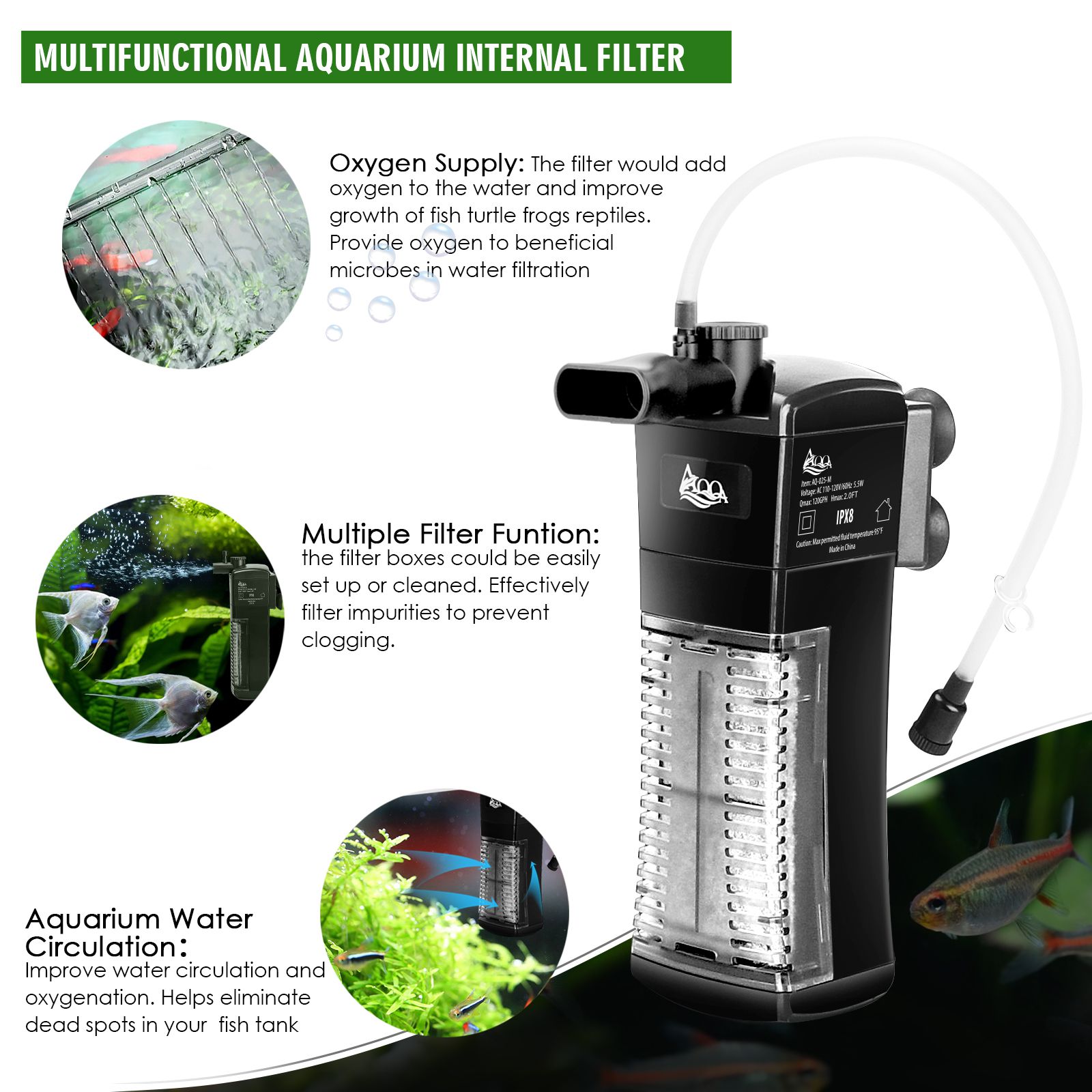 AQQA Aquarium Internal Filter, Submersible Power Filter in-Tank with Adjustable Water Flow, Ultra Silent Biochemical Sponge Filtration for Fish Tank Water Clean - AQQA-Make fish keeping
