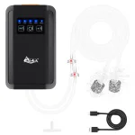 A black rechargeable Air Pump with accessories and white background.