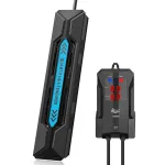 The red remote and blue heater with white background.