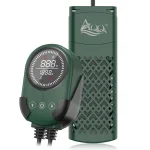 A green aquairum heater and the remote with white background.