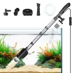 6 in 1 aquarium cleaner working in fish tank. Six functional accessories displayed.