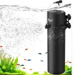 A black aquarium filter working in a fish tank.
