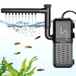 A black 3-in-1 aquarium filter is filtering the water in the fish tank.