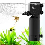 A black aquarium filter filters water in a fish tank. Much Bubbles appear in the fish tank.