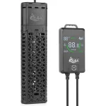A black aquarium heater with adjustable controller. The controller has a digital display.