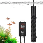 A black heater is warming the water in the tank.