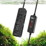 A black aquarium heater with its remote.