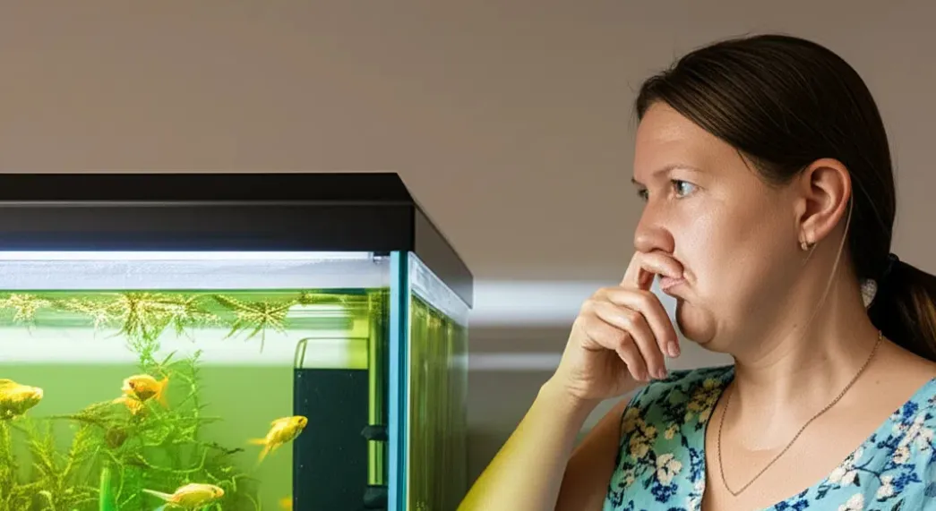 A woman stands next to a fish tank that smells bad, with a distorted expression.
