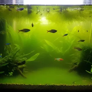Some fish swimming in the aquarium with green water.