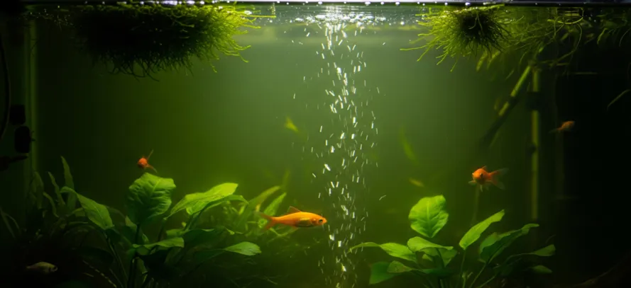 Some fish swimming in the aquarium with green water.