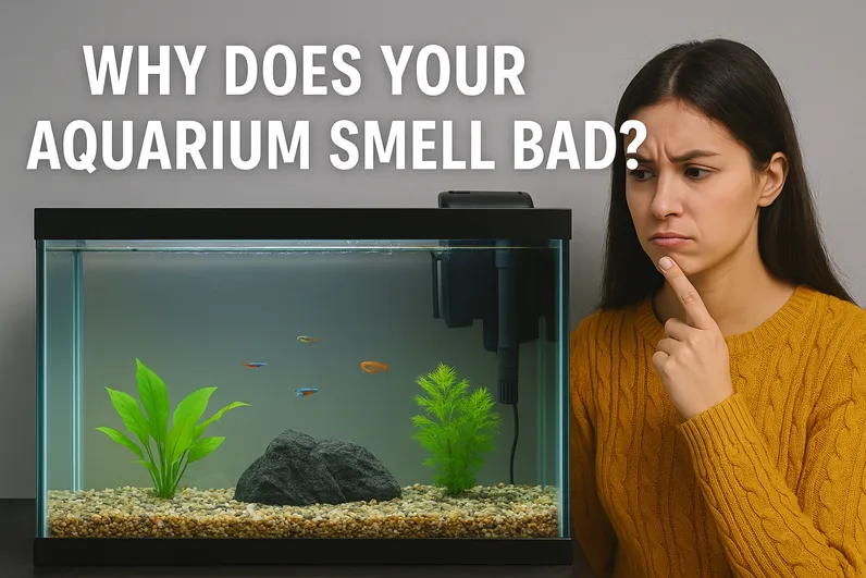 A woman stands next to a fish tank that emits a strange smell, with a curious expression.