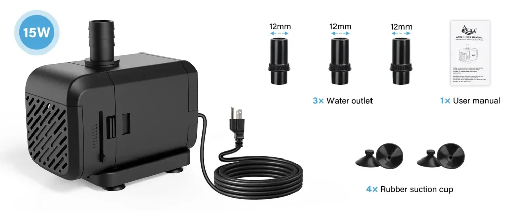 A 15w black aquarium water pump.