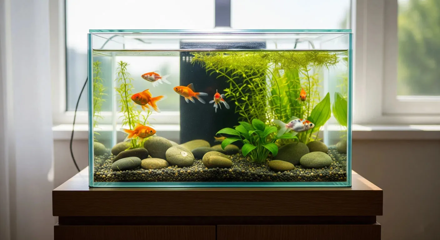 A glass aquarium with fish swimming in it and some stones and plants.