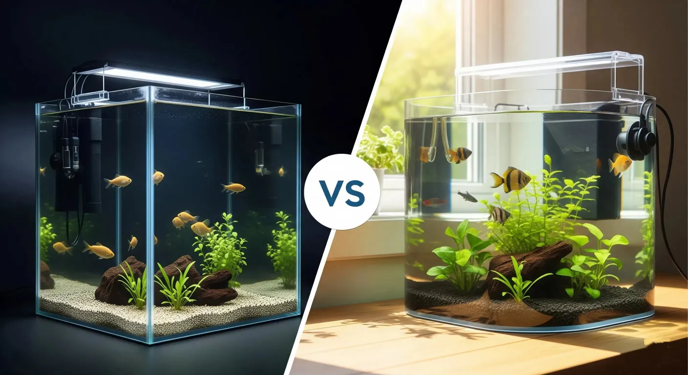 Two aquariums, one is glass aquarium and another is arylic aquarium.
