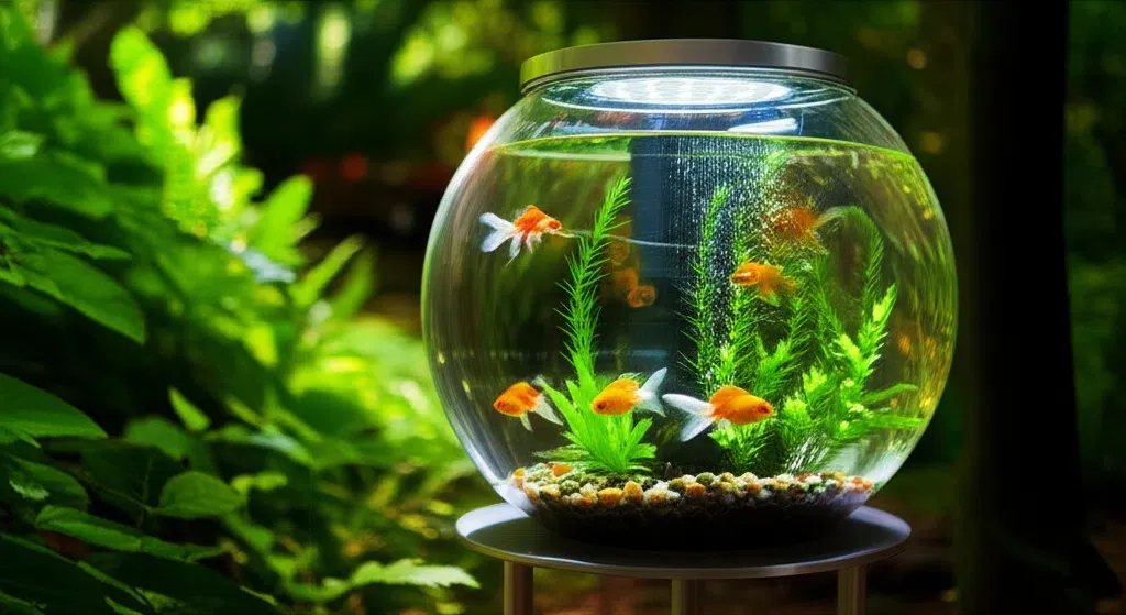An arylic round fish tank outside with fish.