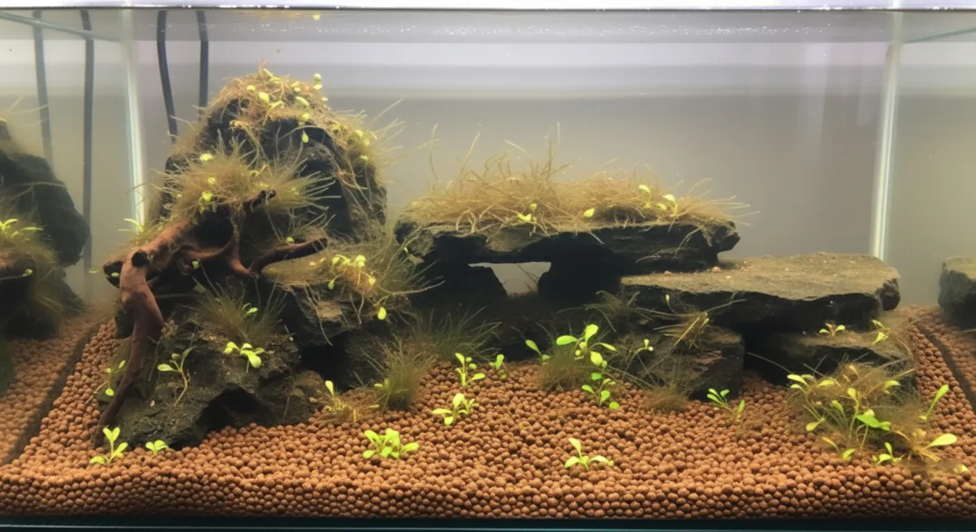 A fish tank with brown algae.