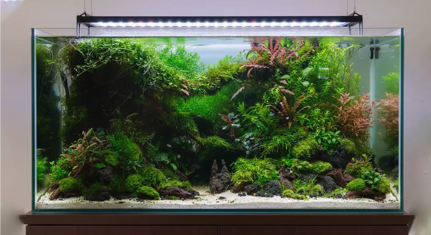 A fish tank with brilliant palnt landscape.