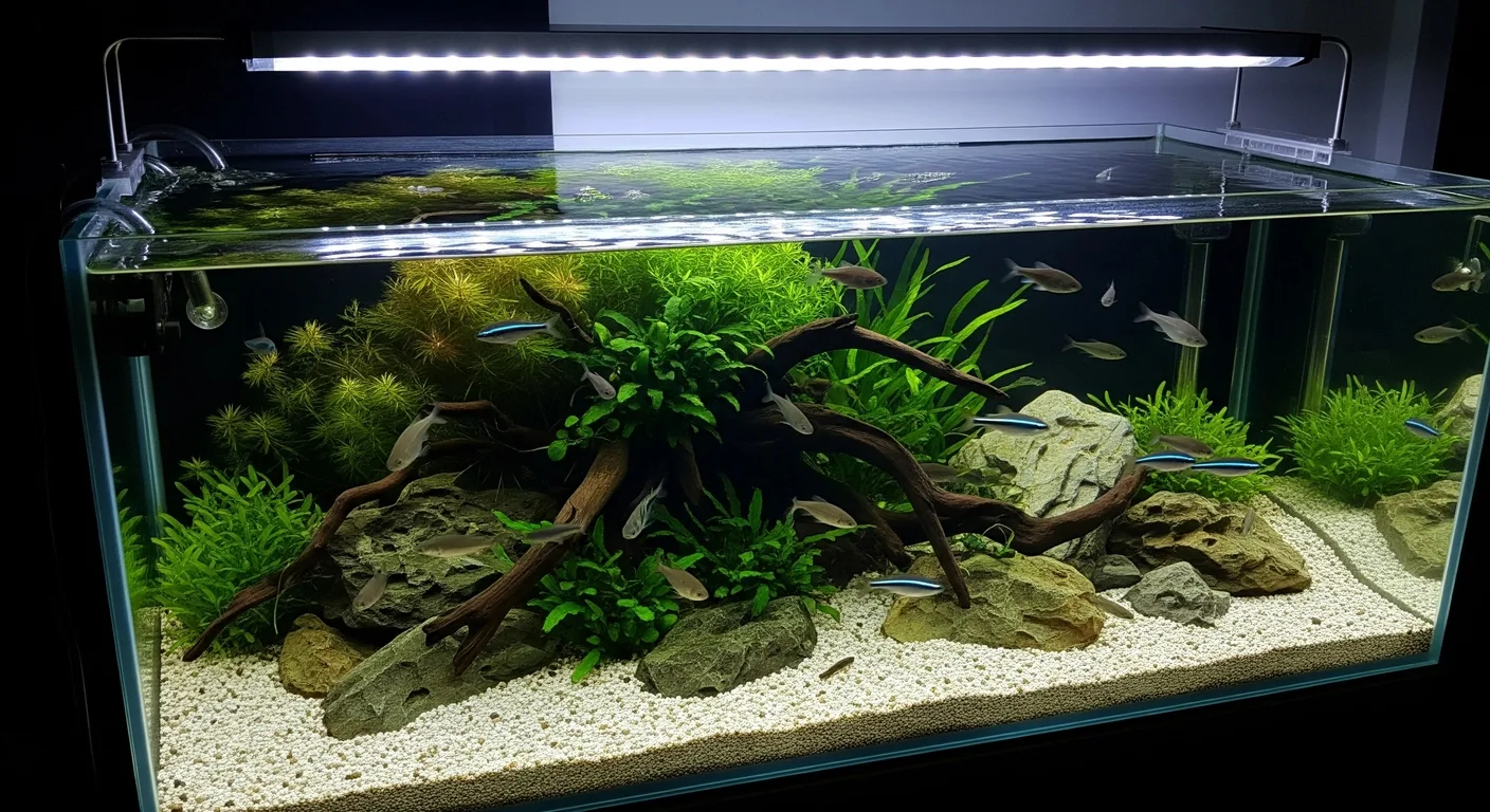 A big aquairum tank with above auqaium lgithing.