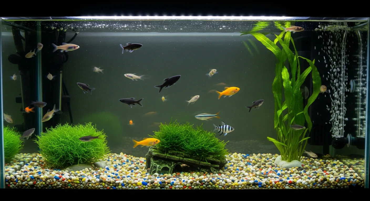 A big fish tank with a filter working on it.