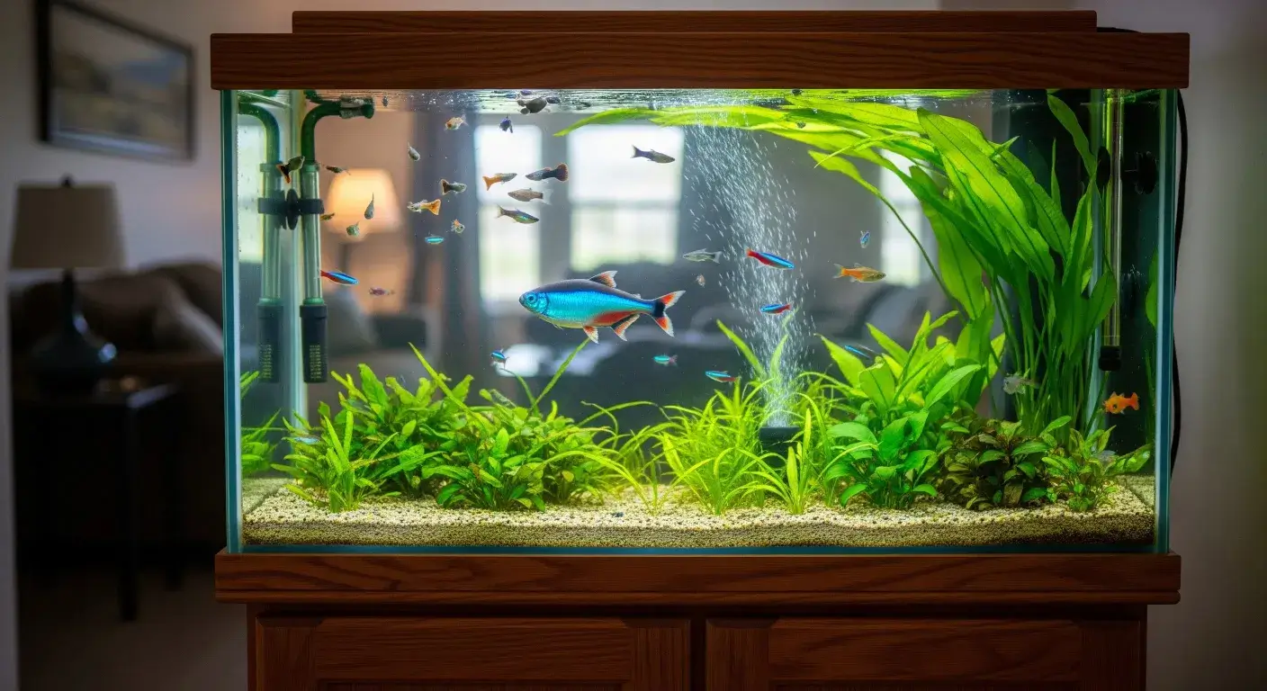 A community freshwater tank with a group of fish in it is thriving.