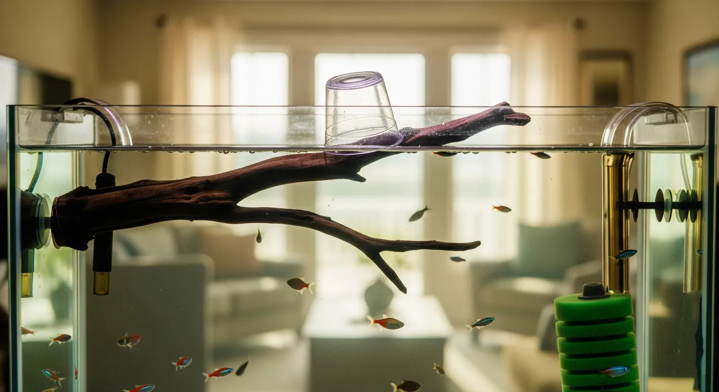 Driftwood is floating in the fish tank with a cup to press it.