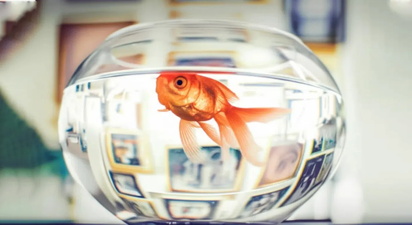 A goldfish is dying in a round tank.