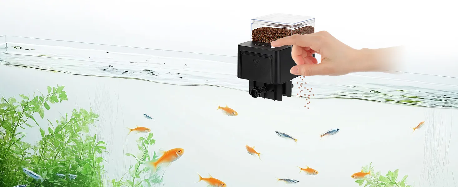 A man is adjusting the fish feeder to feed fish.