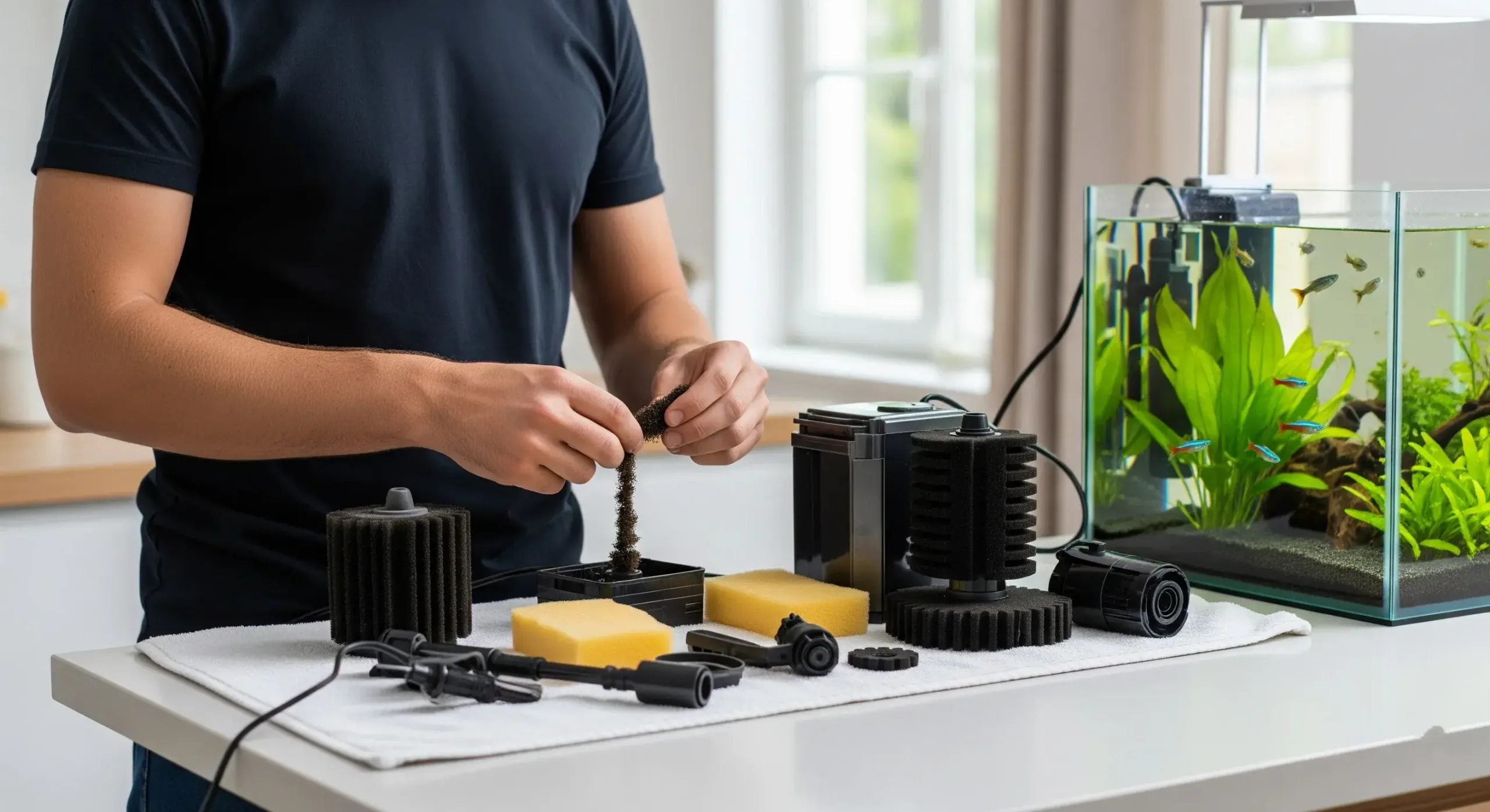 A man is cleaning aquarium filters by dismantling them.