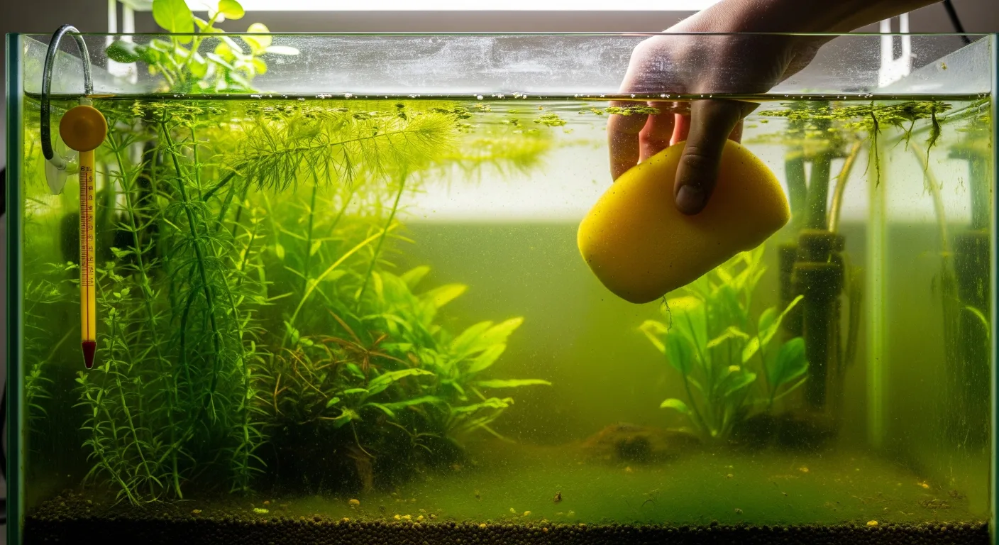 A man is holding a sponge t oclean the cloudy fish tank.