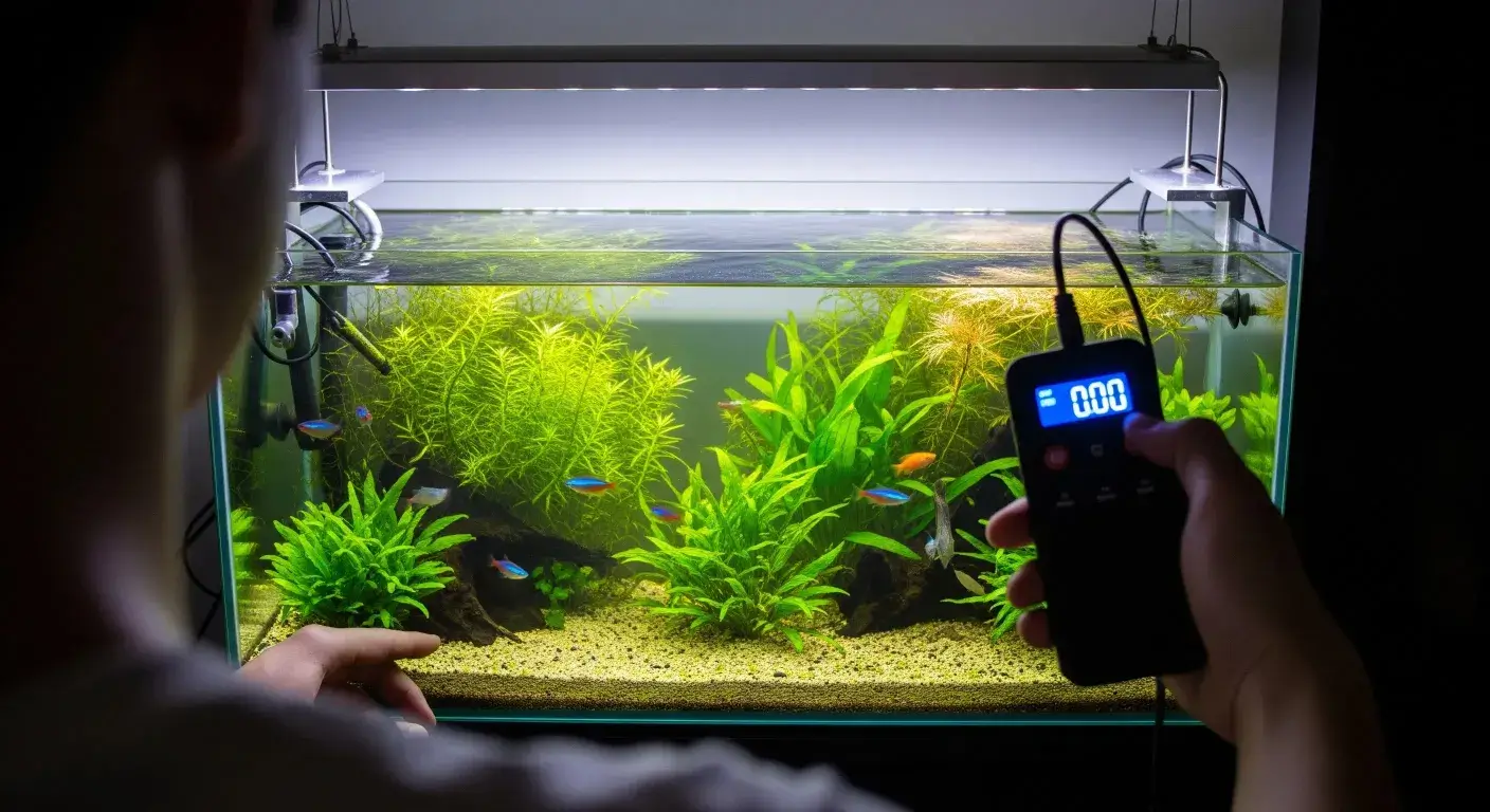 A man is trying to control the remote to adjust the aquarium light.