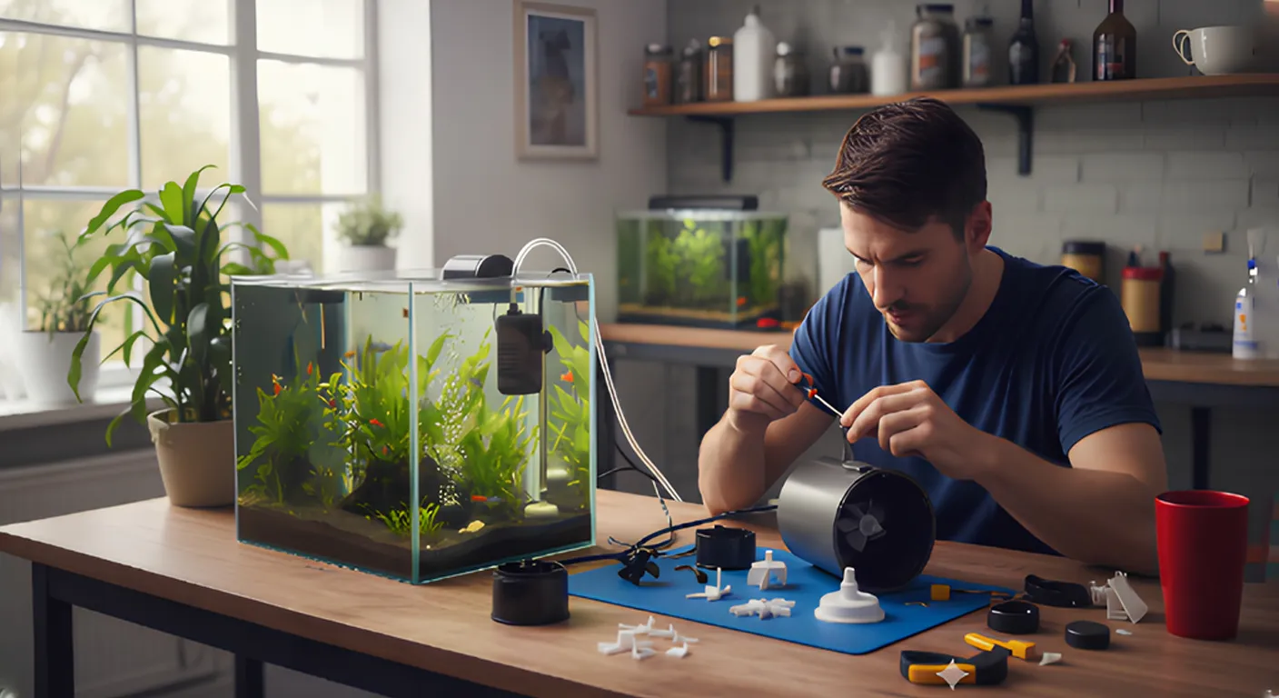 A man is disembling and checking the aquarium filter on the table.
