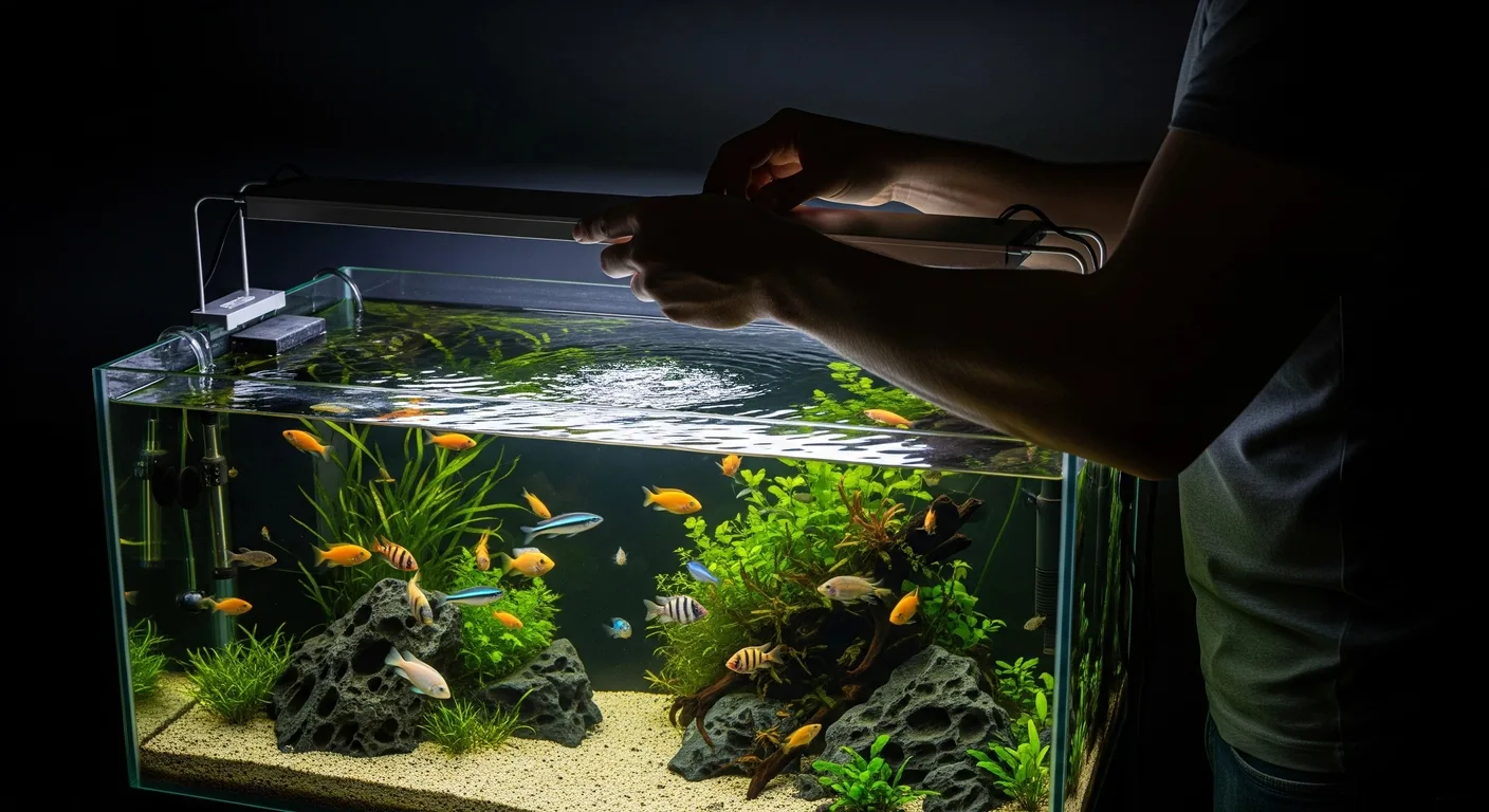 A man is touching the aquarium light above the fish tank and the the light is lighting.