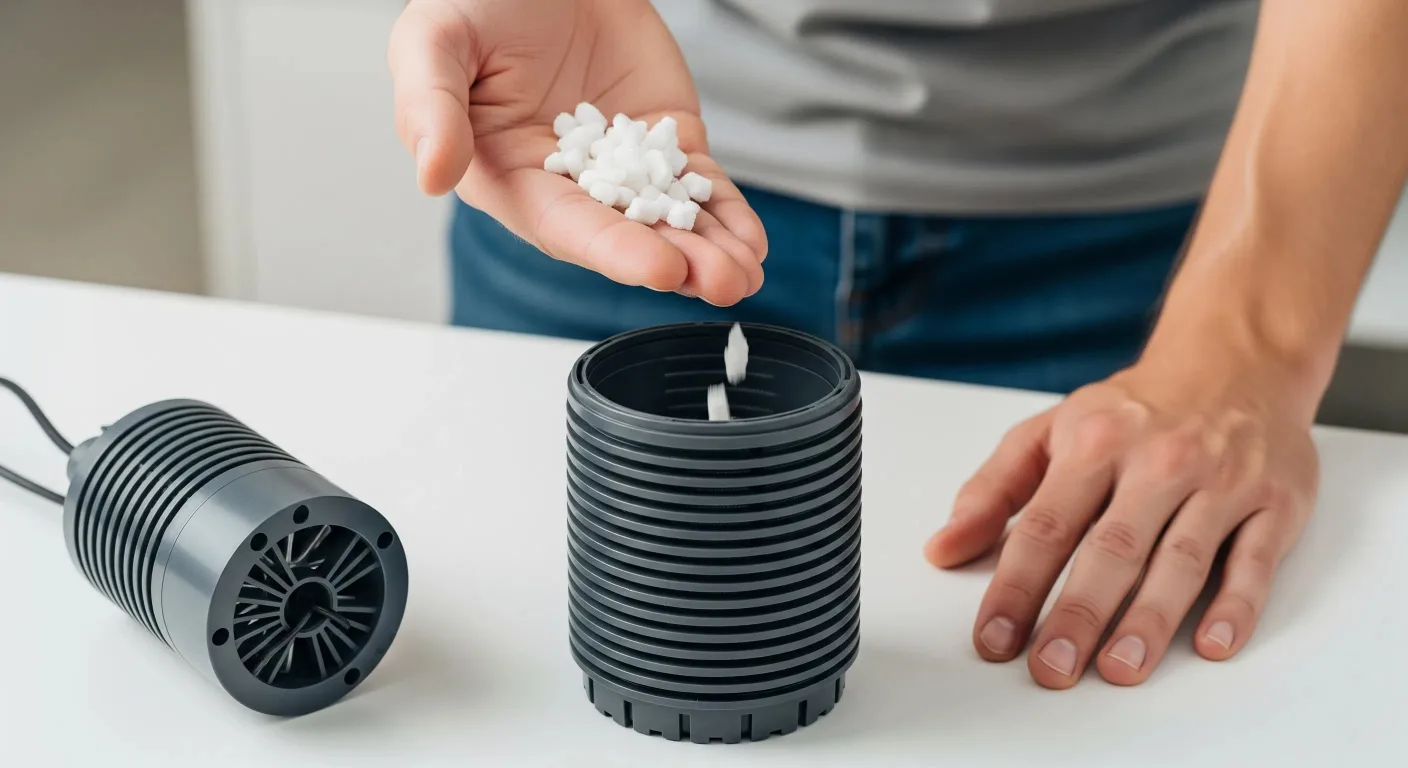 A white man is replacing the filtration media in a filter