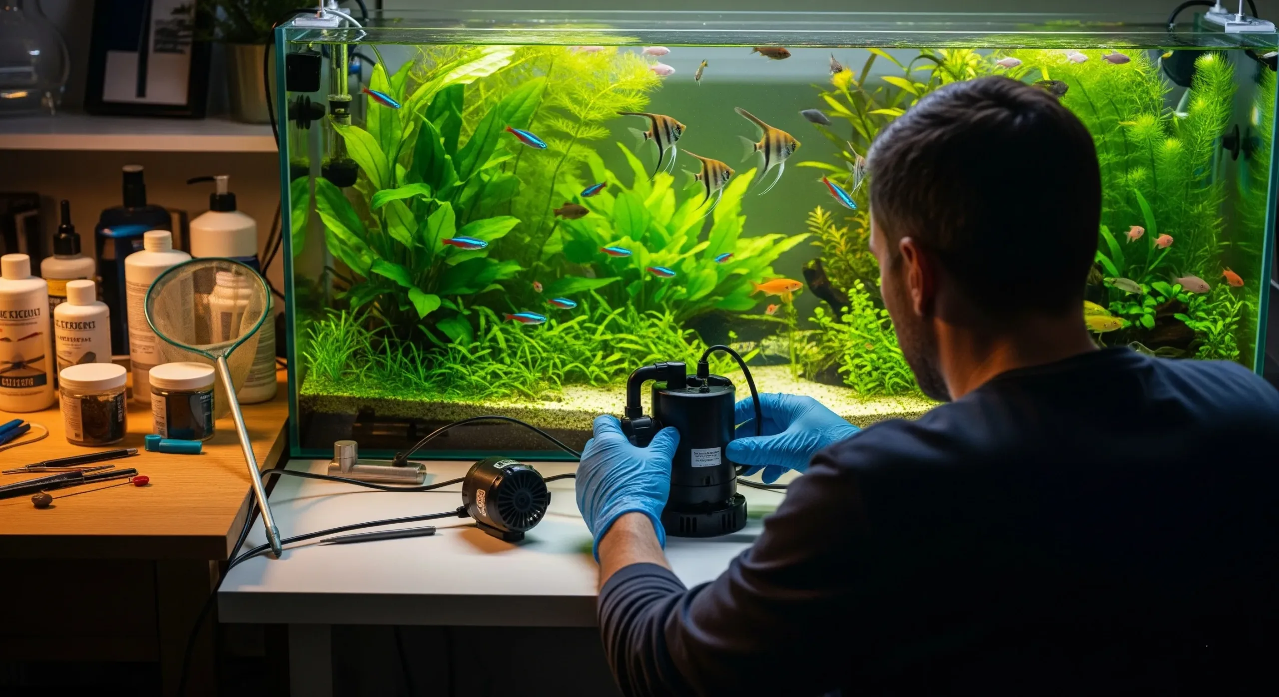 A man is maintaining and disembling the aquarium water pump.