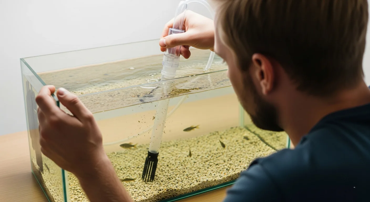 A man is using an aquarium siphon gravel cleaner to clean the cloudy tank. 