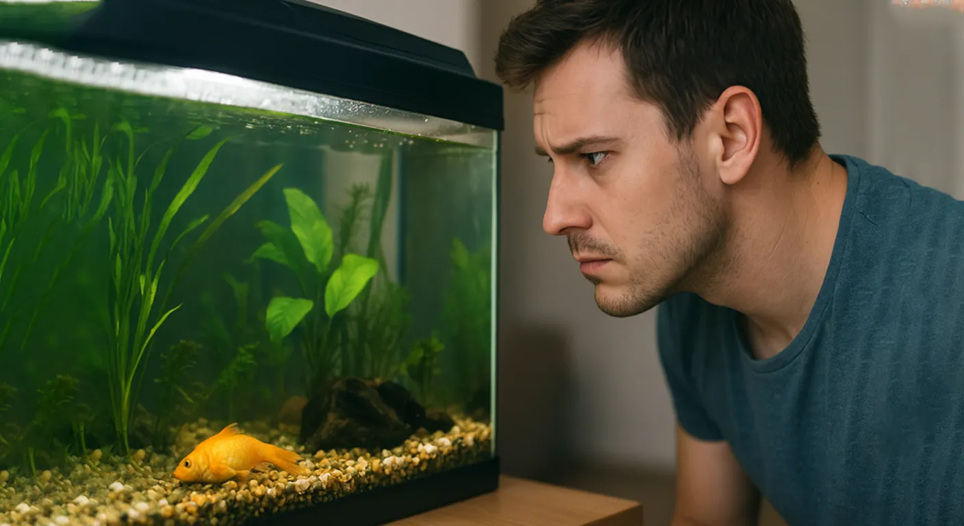 A man is watching a dying fish in the fish tank and wondering why.