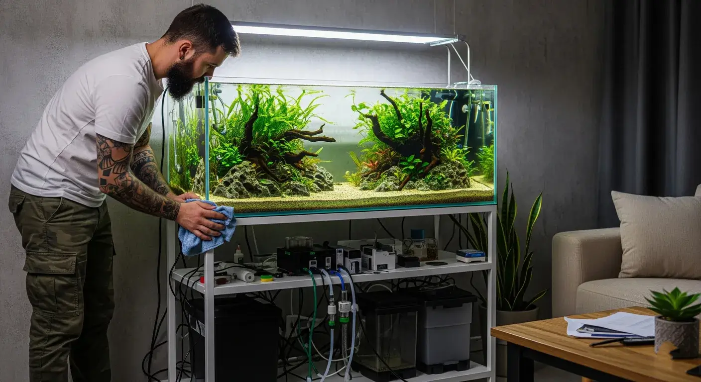 A man is maintaining a white metal stand under a fish tank.