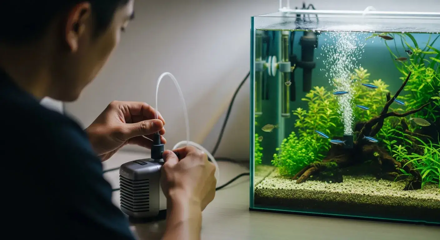 A man is installing an auqaiurm air pump for the fish tank.