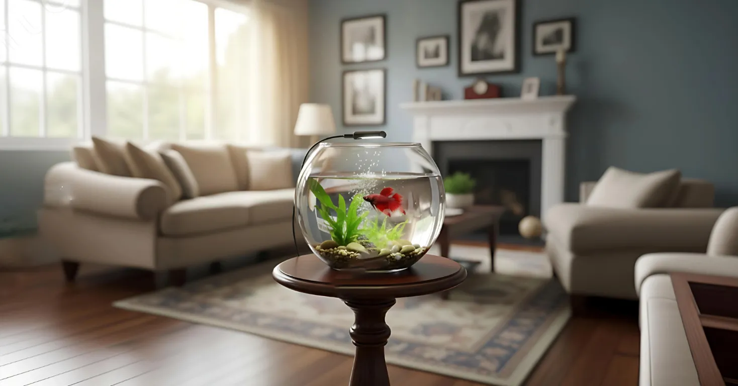A small fish bowl is in the living room.