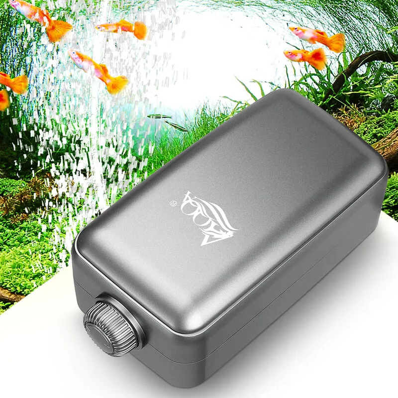 A grey aquarium air pump is working.