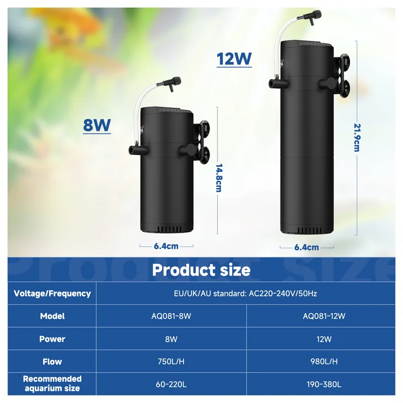 Parameter of 8w and 12w aquarium filter.