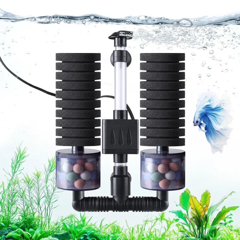 A filter working in a fish tank with fish.