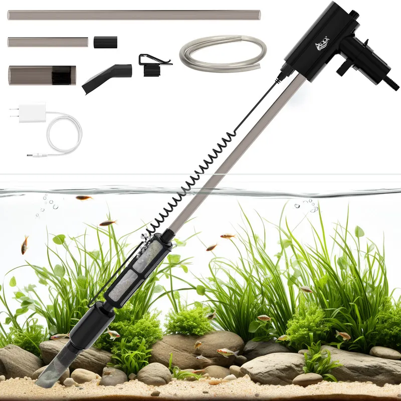 Gravel cleaner cleanning the dirt in fish tank.