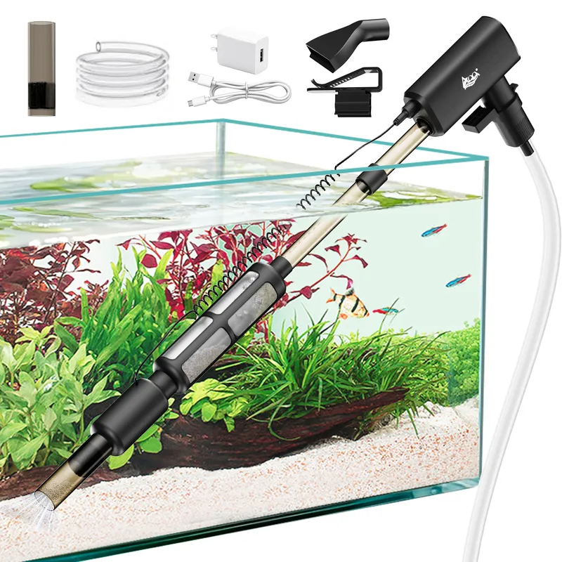 A gravel cleaner is working in aquarium tank.