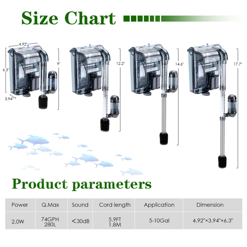 Parameters of different sizes of aquarium filter.