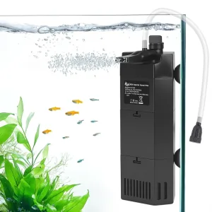 A black submersible filter is bubbling in the fish tank.