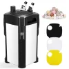 A canister filter with filtration and three color covers.